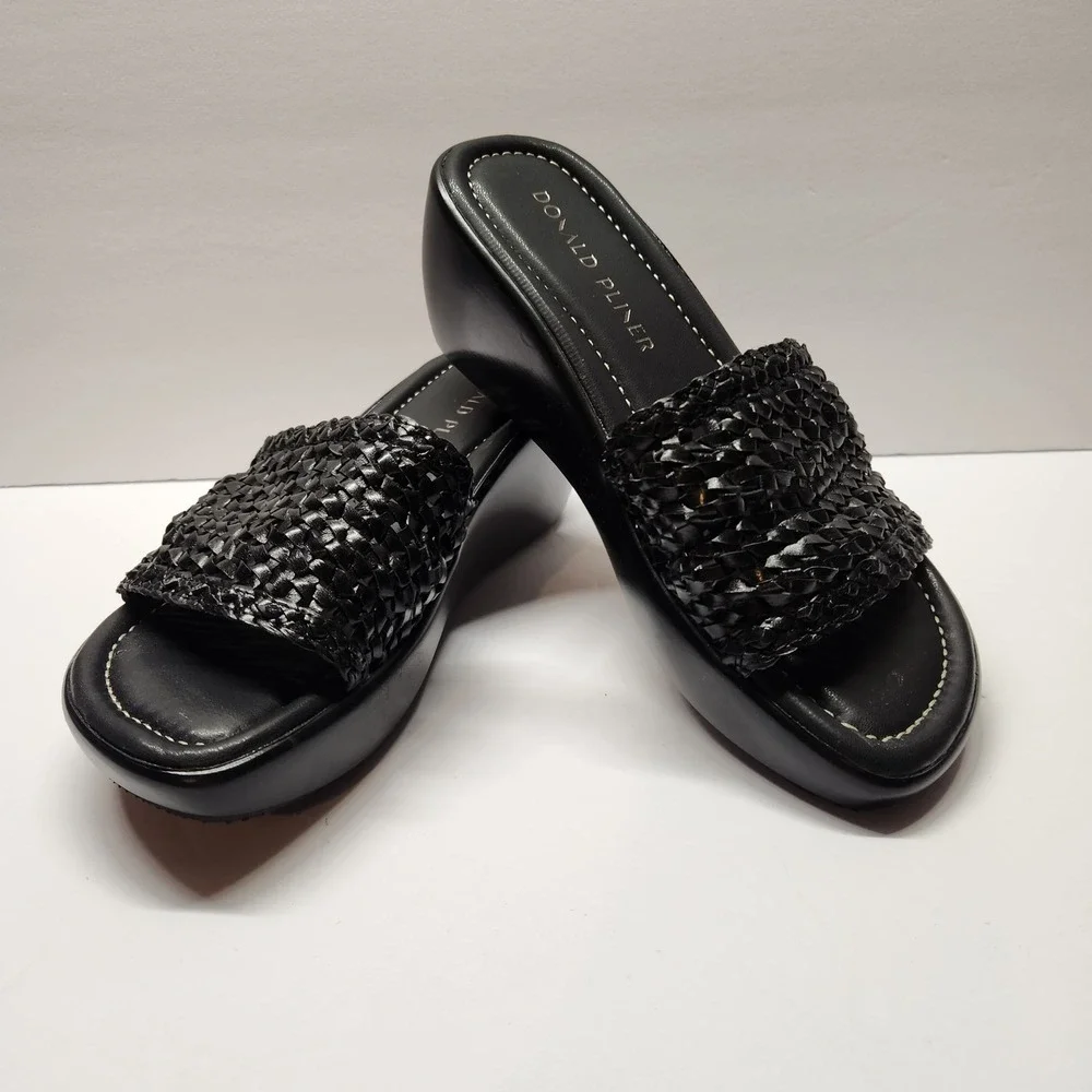 Donald Pliner HP-LINZEY Black Woven Wedge Slide Sandals Womens Size 6M